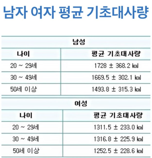 남녀 평균 기초대샤량 표