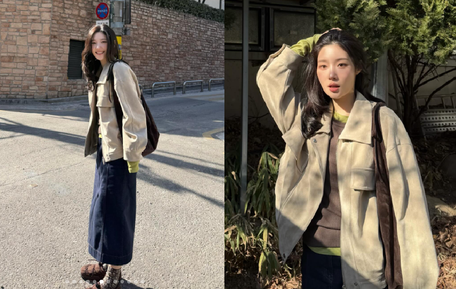 정채연 사복패션 스웨이드자켓